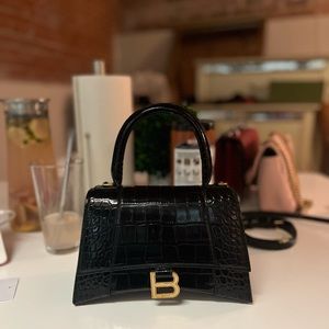 Balenciaga XS Womens Hourglass Crocodile Embossed BCalfskin Leather Crossbody